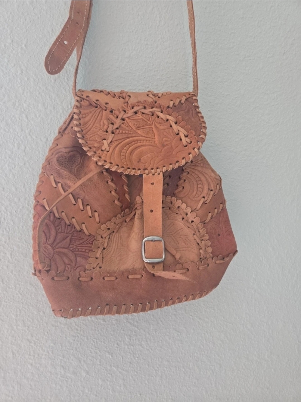 Hand-Tooled Leather Patchwork Crossbody Bag - Tan